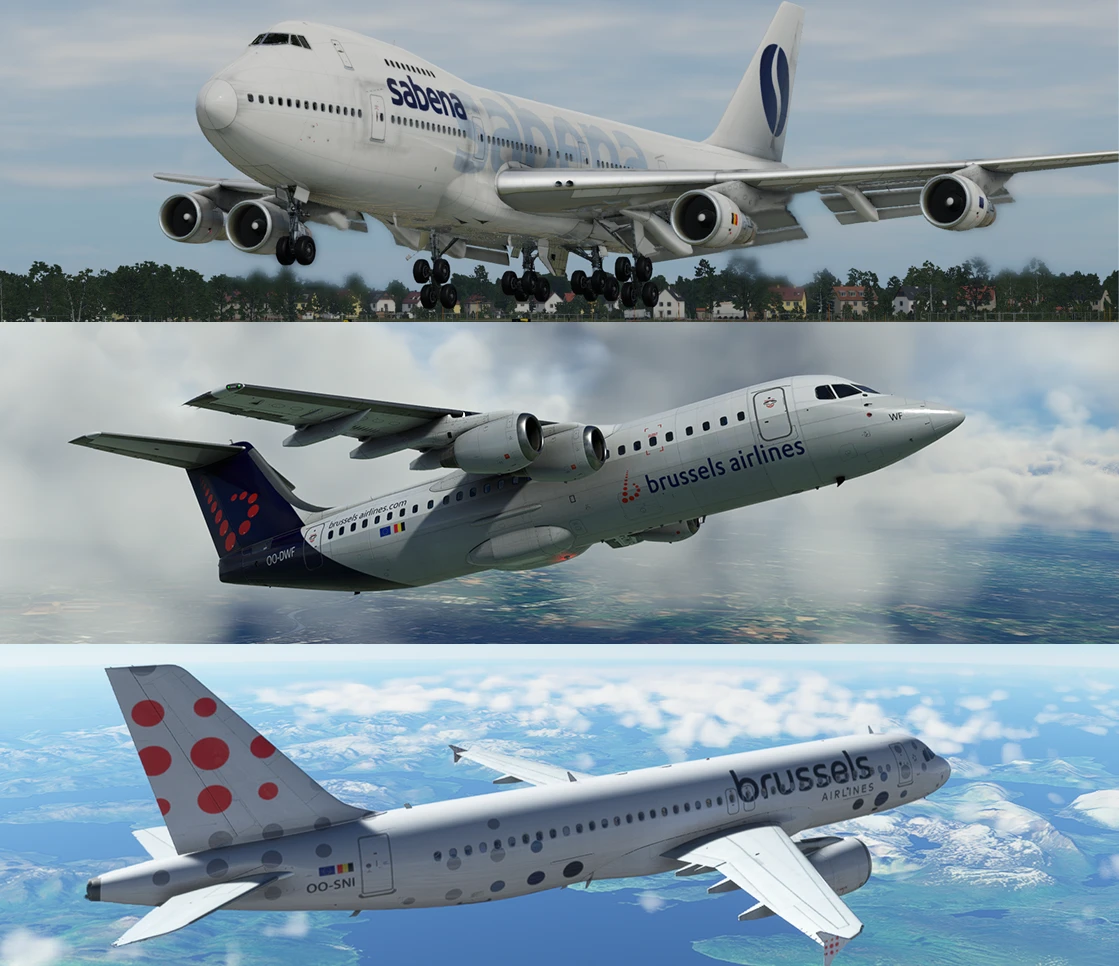 Three flight simulator images showing aircraft in Sabena, former Brussels Airlines and current Brussels Airlines liveries.