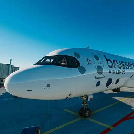 Close-up of a Brussels Airlines aircraft nose on the apron in a flight simulator.