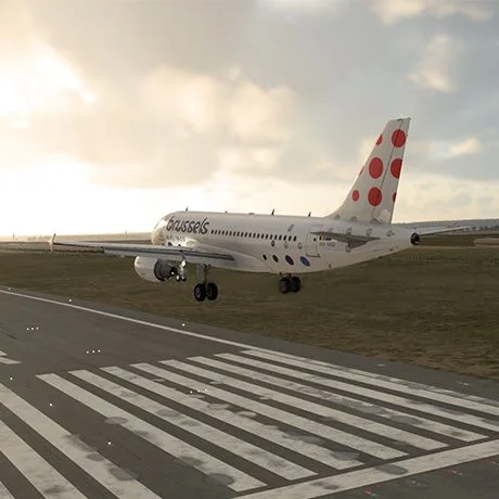 Brussels Airlines aircraft approaching a runway in a flight simulator.